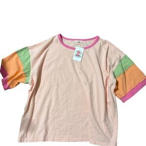 Colorful woman’s tShirt with Pink, Orange, and Green Accents size L